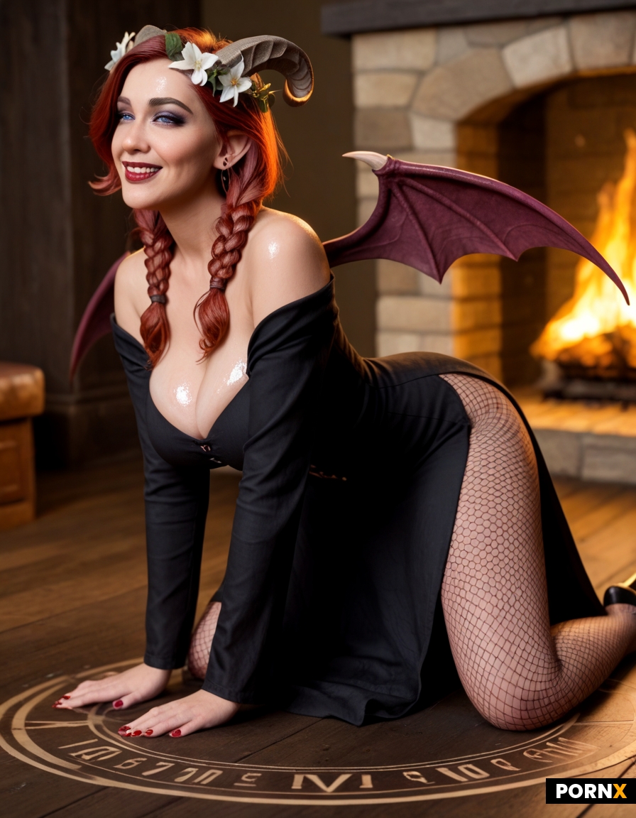Busty curvy voluptuous exhibitionist redhead fantasy medieval Renaissance witchy succubus demon peas