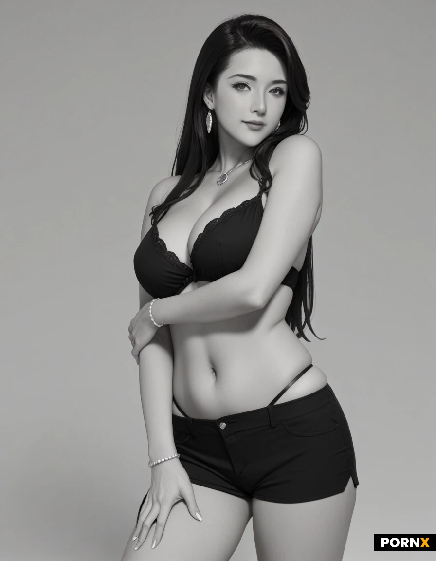 Una sola mujer adulta, de cuerpo entero. Cintura marcada, caderas definidas y piernas descubiertas. Pose muy sensual, cadera ladeada, espalda ligeramente arqueada y mirada seductora a cámara.
Top fucsia ceñido con escote pronunciado y shorts fucsia muy cortos de tiro alto. Abdomen descubierto y botas blancas. Estética retrofuturista.
Cabello bob blanco con dos mechones finos: uno rojo y otro amarillo dorado. Lentes azul transparente y pequeña flor violeta pegada al cabello justo encima de una oreja.
Fotografía realista, luz suave que resalta las curvas y fondo liso. Atmósfera íntima y provocativa, sin desnudez. Una única figura, sin duplicados ni reflejos. Sin nombres, letras, números ni logotipos.