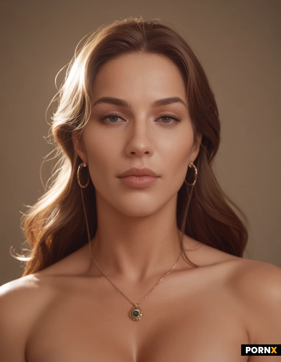masterpiece, best quality, highres, absurdres, 1girl, solo, looking_at_viewer, fair_skin, brown_hair, long_hair, straight_hair, bangs, light_eyes, oval_face, small_nose, rosy_lips, androgynous, no_makeup, realistic_proportions, photorealistic, skin_detail, soft_lighting, studio_background, portrait