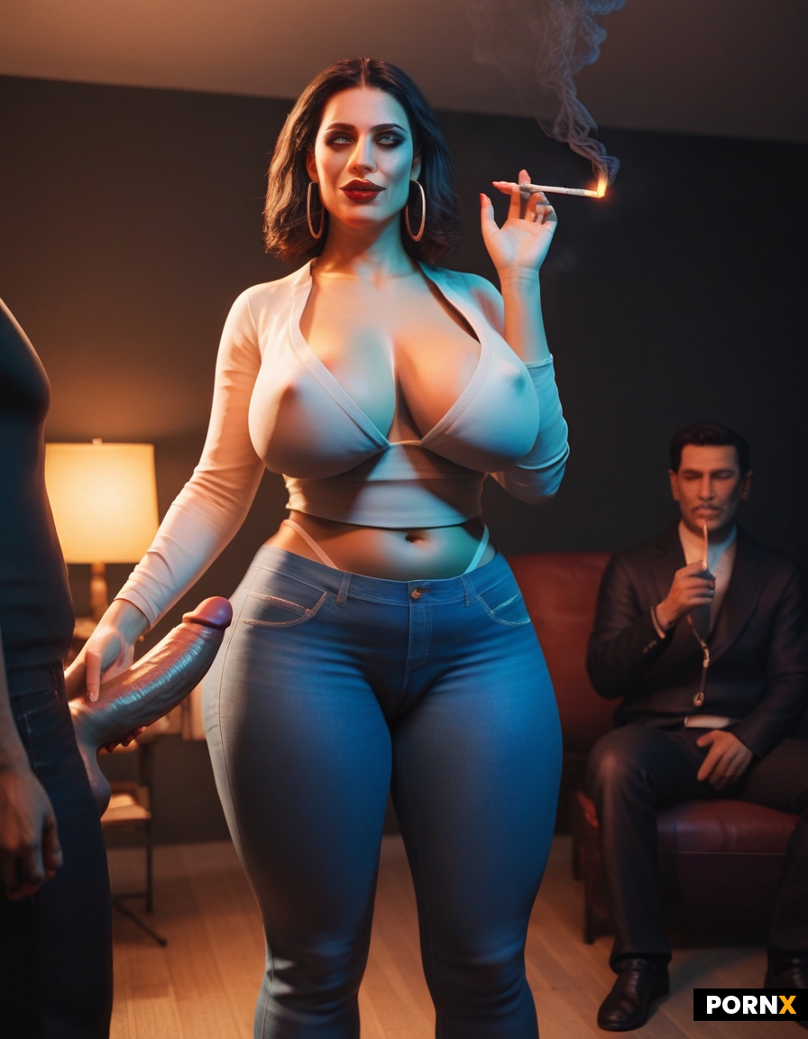 Man standing over woman with his huge massive cock held in hand as she smiles at it