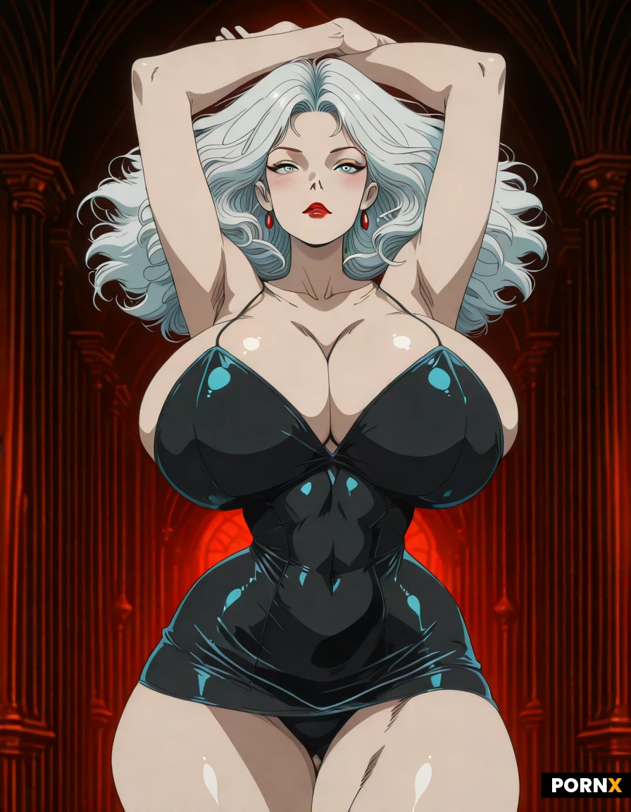 Woman, 30 years, huge massive big boobs, wide hips, abs, slim waist, huge ass, big thights, long sided hair, white hair, light blue eye color, red lipstick, sexy pose, standing, frontview, arms over her head, black micro dress