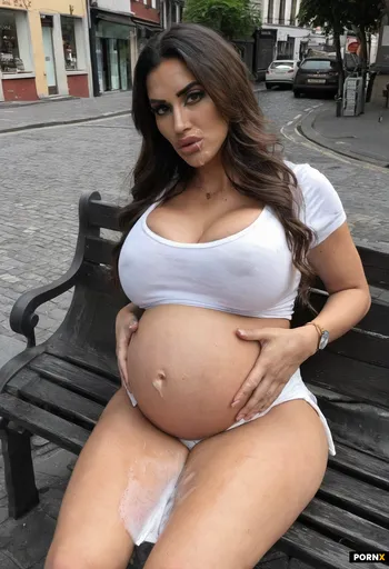 Walking by Pregnant woman with giant tits sitting on a Street bench