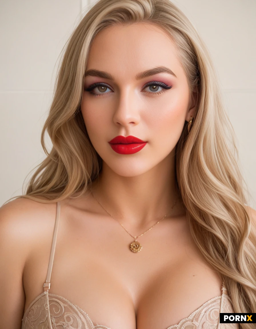 A high-resolution, close-up beauty portrait of a Caucasian woman looking directly at the camera with a confident, neutral expression.Direct front-facing gaze with a slight head tilt to her left.Face Shape: Oval shape with soft, defined contours.
Eyes: Almond-shaped eyes with hazel/light brown irises.
Eyebrows: Highly sculpted, arched, dark brown eyebrows with a slightly ombre start and defined tail.
Nose: Slim, straight nose bridge with a refined tip.
Lips: Full, plumped lips with a well-defined cupid’s bow and a matte, terracotta-rose lipstick color.Color: Bright, cool platinum blonde.
Style: Very long hair styled with soft, voluminous, loose Hollywood waves.
Parting: A clean center part that creates symmetrical face-framing sections.Skin Finish: Flawless, dewy, luminous skin with a slight "wet look" highlighter on the high points of the cheeks and nose.
Details: Visible fine skin texture for realism; inclusion of small beauty marks/moles on the neck and décolletage (one on the left neck, one on the center chest).Complexion: Full-coverage foundation with warm blush and strategic contouring under the cheekbones.
Eye Makeup: Long, voluminous, wispy black false eyelashes; tight-lined black eyeliner on the upper lid; warm taupe eyeshadow blend; highlighted inner corners.Style: Realistic, professional high-fashion beauty photography, clean and polished, resembling a magazine cover shot.