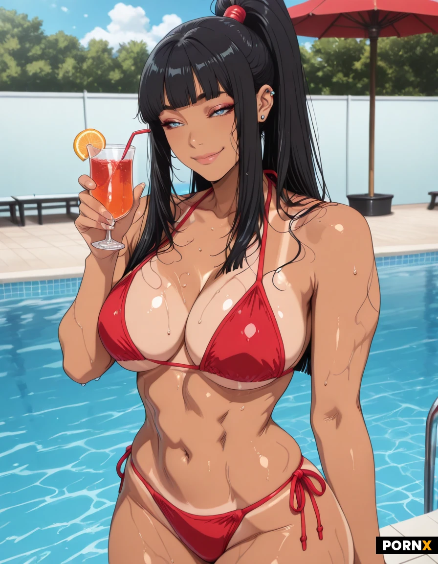 Red String Bikini, Tan Skin, Wet Look, Make-up, Piercings, High Ponytail, Happy Expression, Drinking Cocktail, Standing By The Pool, Sunny Day, Full Length