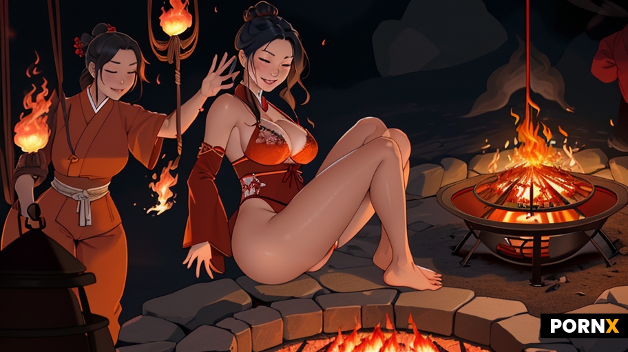 Japanese woman in shibari dangling in the air in ropes over a raging firepit with tall engulfing fla