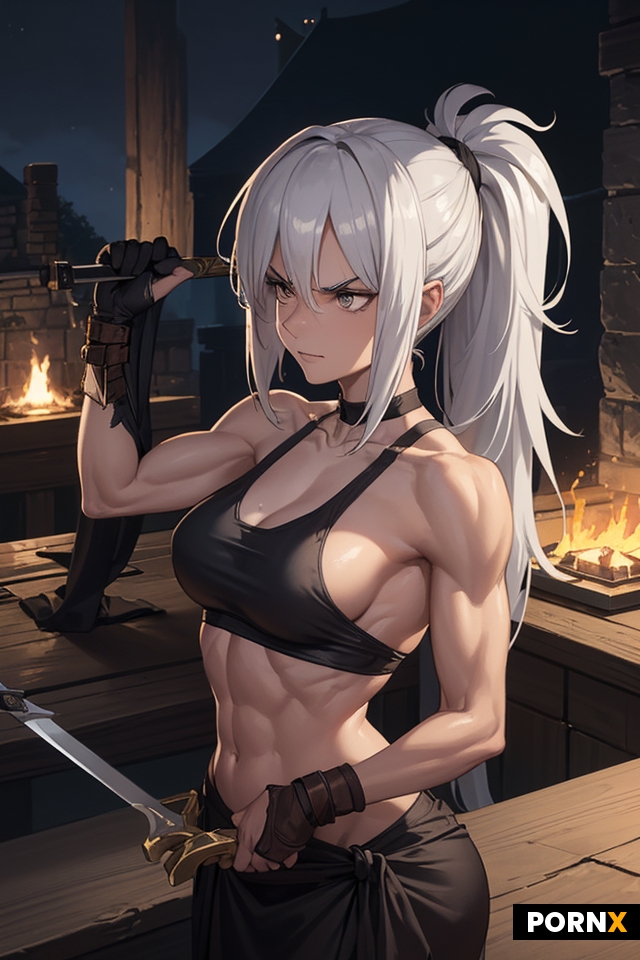 Thin muscular 25-year-old woman in sackcloth pants hammering on a sword