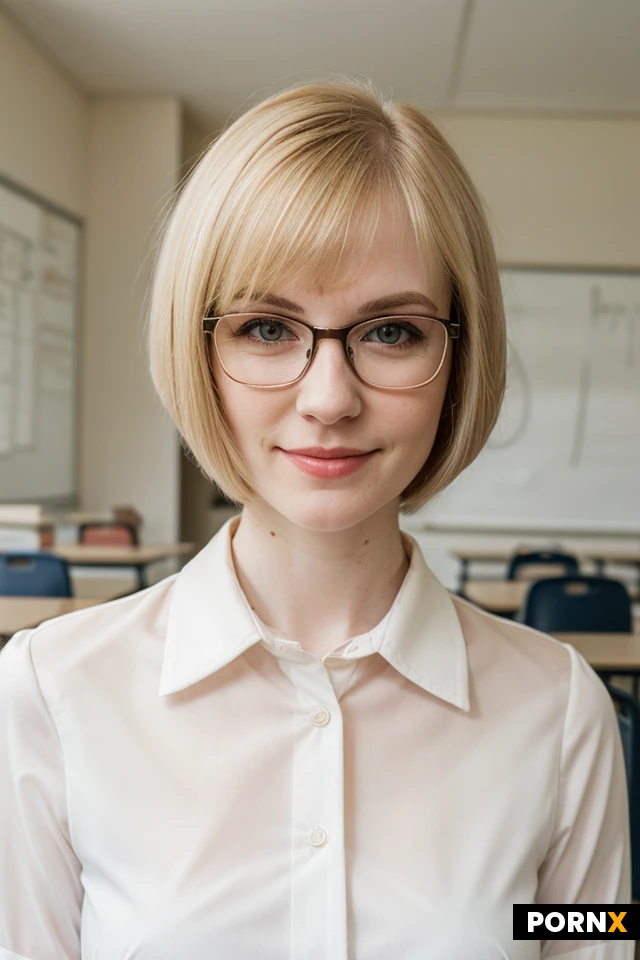 A confident thirty year old woman, with a blonde hair and a bob cut, pale skin, a cute face and seductive smirk, wearing glasses, teacher clothes and a blouse