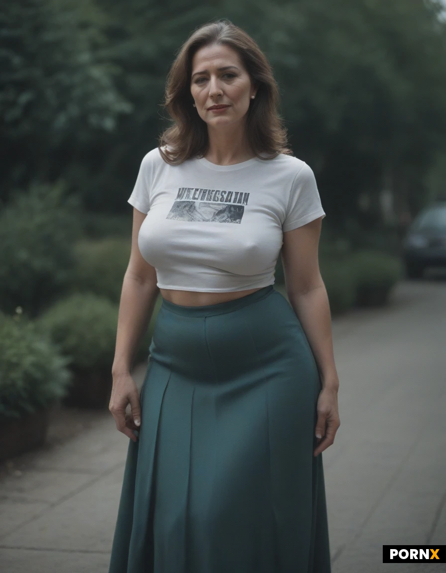 Mature mother, 50 years old, Uzbek woman, large natural breasts, wearing a T‑shirt and a long skirt; the skirt is tailored, sensual mood.