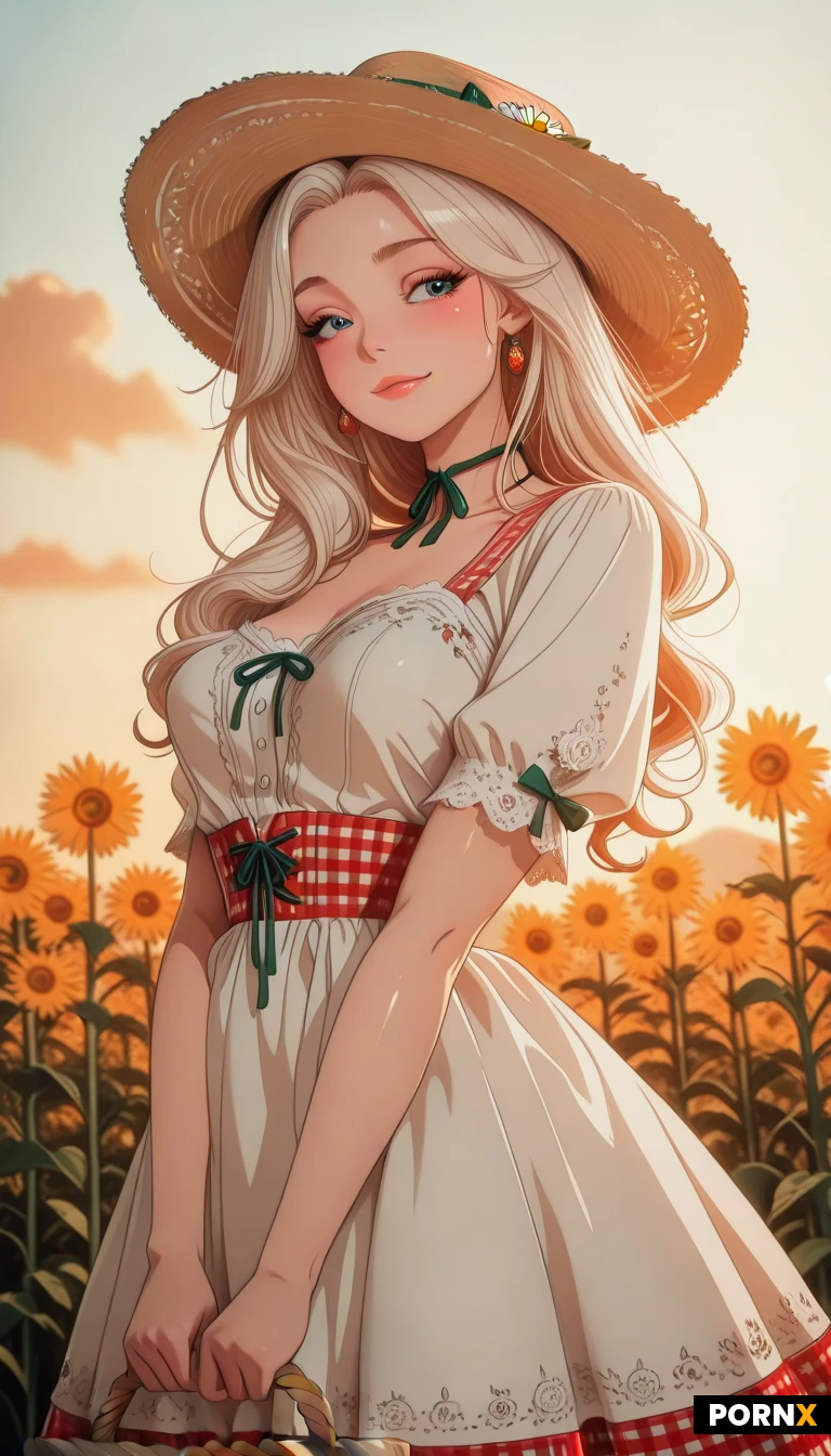 high definition, super realistic, pretty woman, 20s, cute face, bright yellow and white gingham print with a modest bellshape dress, trimmed with delicate eyelet lace and featuring a small white apron tied at the waist. wide-brimmed straw boater hat decorated with fresh daisies and a green silk ribbon, holding a small woven wicker basket. background countryside, vibrant field of blooming sunflowers. warm golden hour lighting, vibrant colors, clear skin texture, detailed embroidery, idyllic and joyful atmosphere, detailed face, detailed eye. dynamic angle