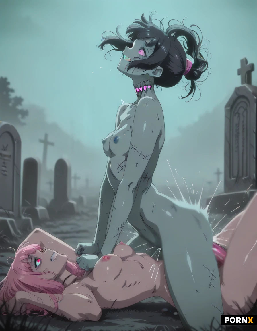 (anal penetration:1.1),(massive penis:1.3),view from the side,laying on the side,sex,female,small perfect breasts ,zombie,monster,graveyard,jewlery, glowing, neon, orgasm, happy, joy, moaning, (thrusting:1.9)(surprised),(clenched teeth)( motion blur:1.4)(Tossing hair:1.2)