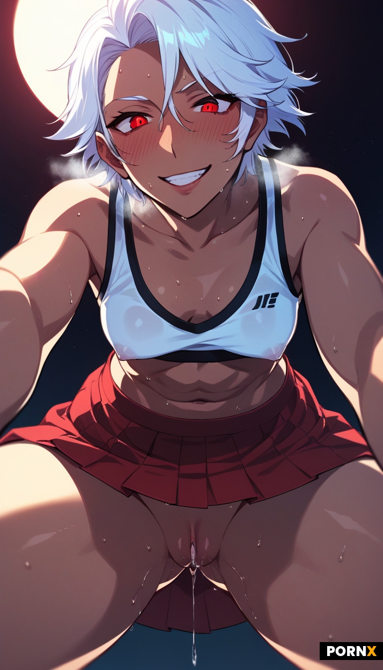 one sweaty Japanese female with white short hair and red eyes leaning forward looking down at viewer