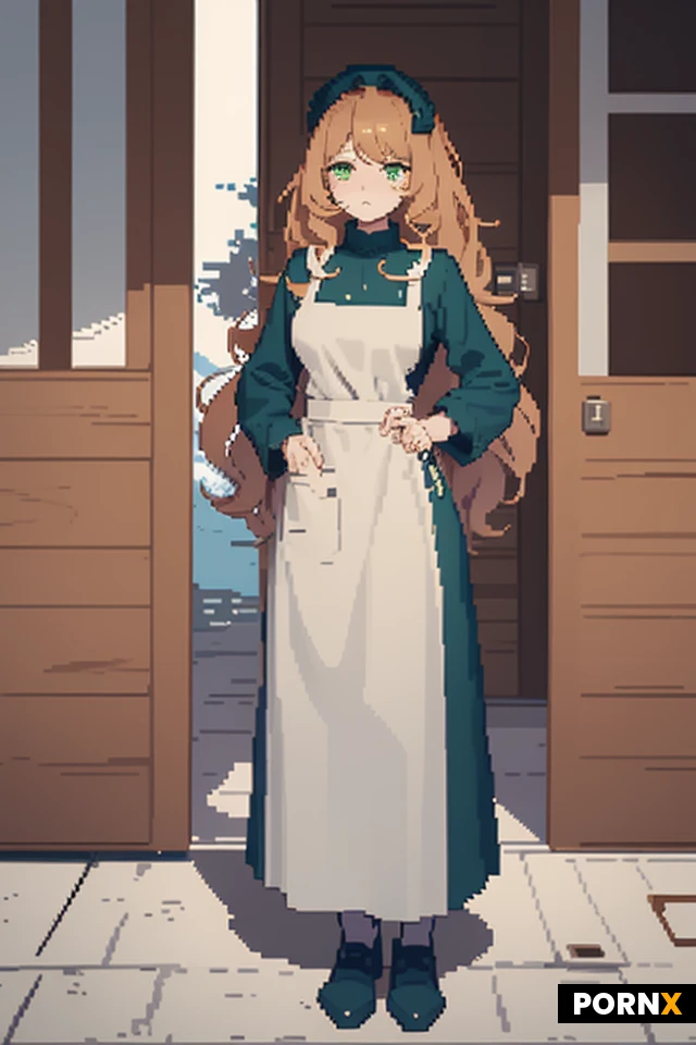A stylized pixel art image of a tired twenty‑year‑old girl: long curly chestnut hair, green eyes, a round butt, small breasts, average height, a tired face. She is looking at the camera, wearing a grey medieval dress and a white apron, standing by a wooden door in a modest pose. Retro‑style pixel aesthetic, soft halftone shades, bright colours — sprite style inspired by 16‑bit graphics, pixel art.