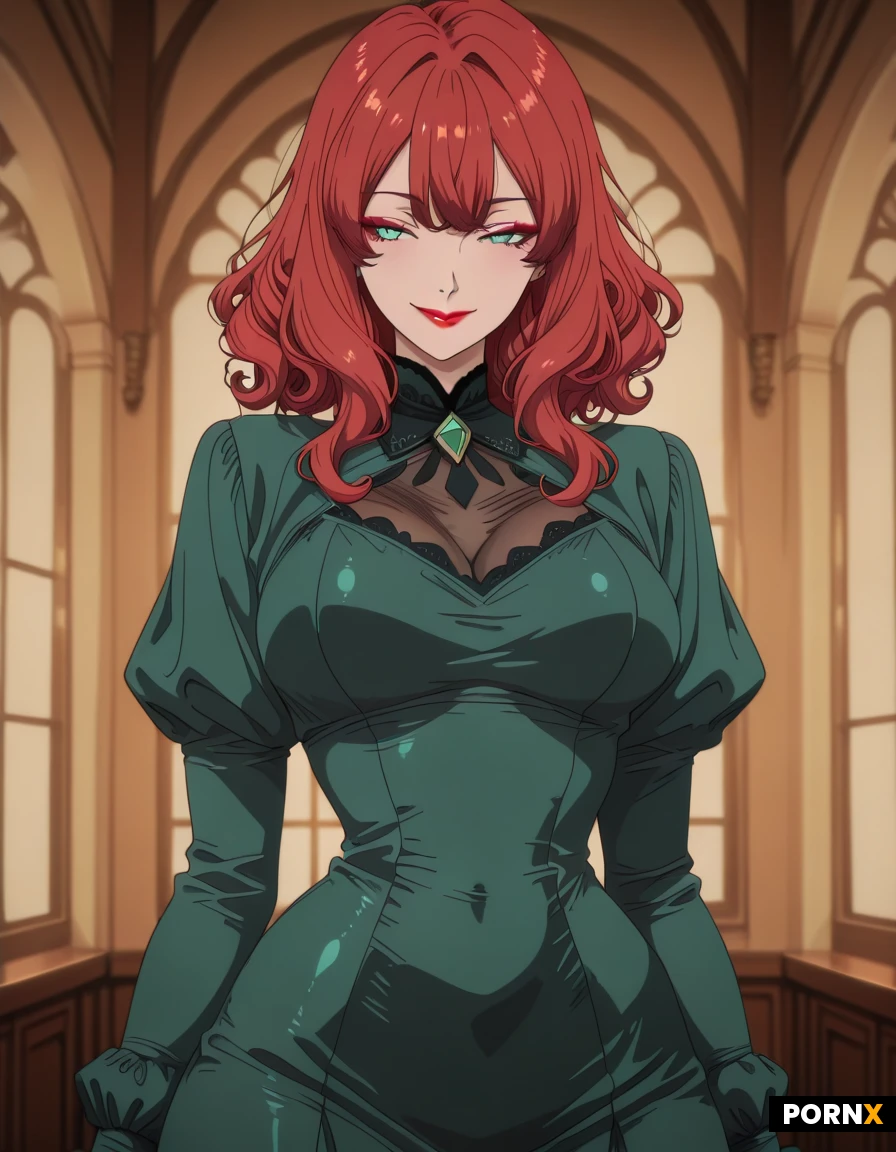 late 40s, featuring her iconic curvaceous, full-figured hourglass silhouette with a prominent bust, narrow waist, and rounded hips. She has a fair porcelain complexion, striking blue-green eyes, and voluminous, vibrant auburn-red hair styled in glamorous, wavy curls parted to the side. Her classic makeup includes a confident smile and deep red lipstick, complementing her sophisticated look in a tailored emerald-green fitted dress that accentuates her physique. Captured under soft, flattering studio lighting with a sharp focus on her detailed features against a softly blurred, upscale interior background.