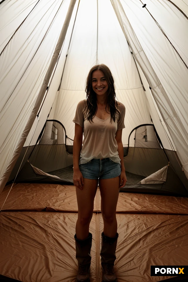 (low light image:1.7), View from inside a dry and cozy tent, ((full body view)), campsite in constant rain, muddy weather, 30 years old, muscular, extremely small sagging breasts under hiking shirt, flat chest, ultra realistic skin, smiling, stunning, sexy, hot, brown hair, (Long Layered Bob:1.2), totally wet hair, sitting inside the tent, wears a tan cotton hiking shirt that is soaking wet and sticks tight to her skin, showing her shape, a thunderstorm is approaching, (lightning strikes:1), it is dry and cozy inside the messy tent, (dry and cozy tent interior:1.2), focused body, small colorful LED lamps give warm light, perfectly lit woman, hvrn, heavy, rain, <lora:MJ52:.8>, ((see-through))
