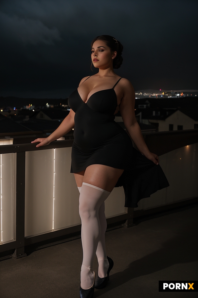 An older woman with pronounced curves stands with ballet-fourth stance in a full-length view