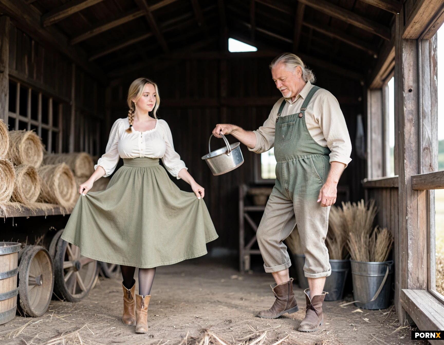 1 man,masterpiece, best quality, highres, absurdres, farmer outfit(blouse, skirt-dress, nylon stockings, farmer ankle boot), barn, mainland, an old man (an elderly farmer) stands behind her, lifted dress, exposed crotch with lace panties,