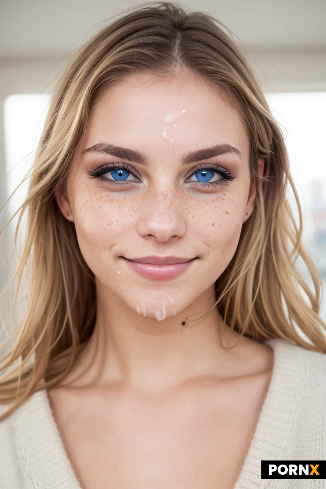 A close-up portrait of a 25-year-old woman with soft wavy blonde hair cascading to her shoulders, striking blue eyes gazing directly at the camera, and delicate freckles across her high cheekbones, wearing a cozy beige knit sweater that drapes lightly over her shoulders. She is positioned slightly off-center, head tilted subtly with a faint, inviting smile, while a blurred urban skyline at twilight fills the background. Warm golden-hour light wraps around her face, creating gentle rim lighting and a soft, luminous glow, and the shallow depth of field produces creamy bokeh. Captured with an 85mm prime lens at f/1.2 for a hyper-realistic, high-end fashion editorial look.