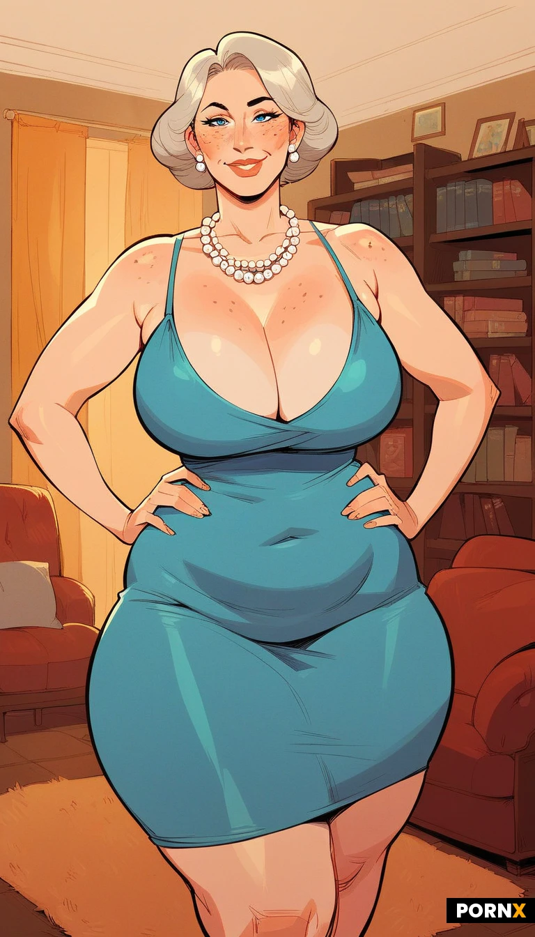 Woman,American,White,40 years old,MILF,sexy,Mature,blonde,touch of grey hair,dark grey eyebrows,short round bob,short hair,blue eyes,eye contact,looking at viewer,freckles,big nose,medium breasts,elegant dress,nice cleavage,pearl necklace,short stature,broad,stout,curvy,plump,wide hips,huge hips,huge thighs,thick thighs,sexy pose,seductive,hand on hip,living room,suburban home,sunny living room,several windows,bookshelves,white couch,hand drawn,illustration
