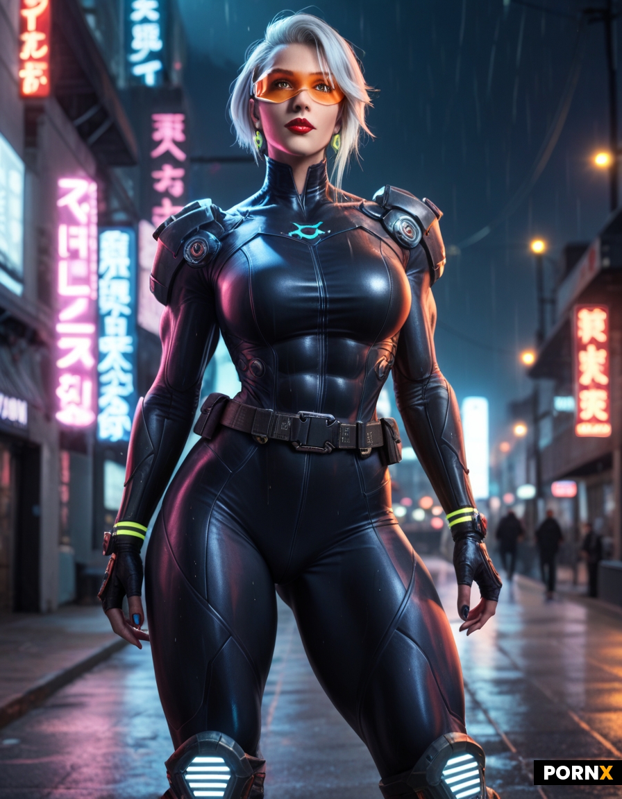 sexy female cybernetic assassin rooftop setting night cityscape neon glow high-tech suit tight bodys