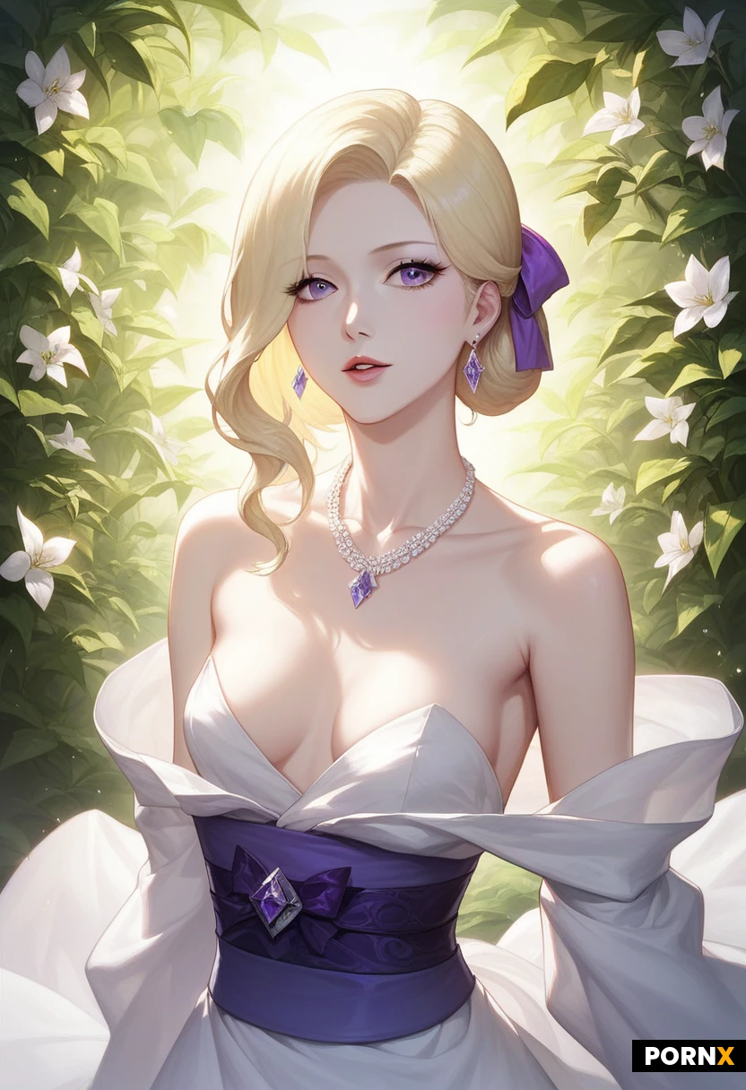 beautiful woman, short blonde bob, slim toned body, small breasts, fair skin, (2.5D:1.2), semi-realistic anime style, korean manhwa illustration, digital painting, hyperdetailed, soft volumetric lighting, depth of field, v-line-face, slender features, detailed almond purple eyes, soft parted lips, long flowing blonde hair, fair smooth skin, White Satin Drape: A loose, silky white satin fabric draped around her arms and shoulders, adding a regal, fantasy-heroine feel, Purple Ribbon Waist Sash, diamond necklace, sunlight filtering through leaves, garden background