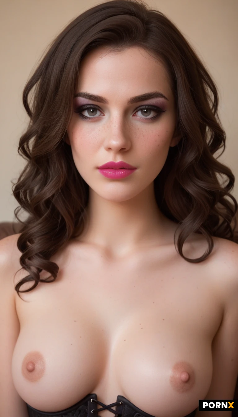 slutty girlfriend, 19 years old, cute model,cute babe face,perfect medium round Breasts,firm perky breasts,soft skin,pool house on sofa, very very long messy and naturally curly hair, dark brown hair, bulky haircut, looking at you, dark grey eyes, pure beauty, beautiful hot xxx lace corset, topless, ingratiating face, disarming allure, lot of freckles, close up portrait, portrait, dynamic view, smilling pout to get what she want, please gaze, goth eyeliner, exsessive pink makeup, pink lipstick