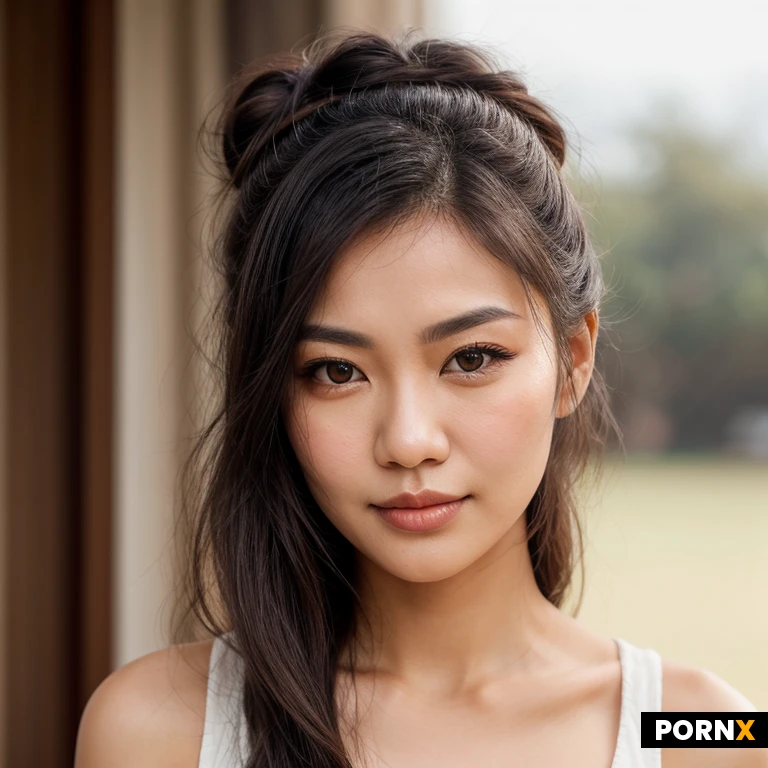 A Thai woman in her 20s with a gently heart-shaped face and a fine feminine chin, light golden-tan skin with a soft even warmth, soft doe eyes with a quiet attentive sweetness, fine feathered brows with a delicate unfinished look, gentle wide lips with a relaxed easy expression, jet-black loosely tied hair bun with a clean center part and jet-black fringes falling at the sides, a few loose jet-black fringe strands perpetually brushing her lashes, natural skin texture, soft photorealistic detail