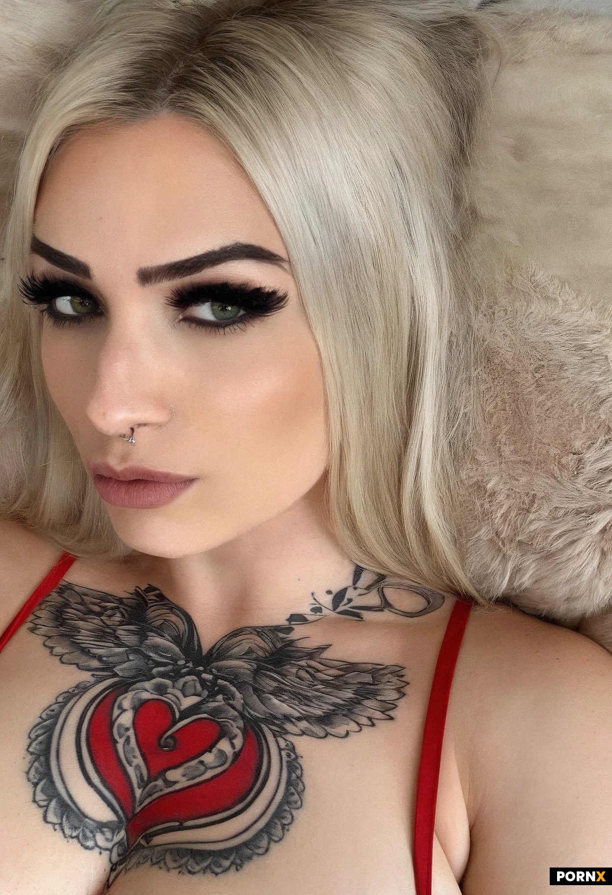 (Woman, 27 years old, Soft heart-shaped to oval face with a gently tapered jawline and small rounded chin. High, softly defined cheekbones with naturally full cheeks. Large almond-shaped hazel-green eyes with dark limbal rings, long dark eyelashes, subtle winged eyeliner, and warm neutral eye makeup. Medium-thick, well-groomed eyebrows with a natural arch, medium brown at the roots. Small straight nose with a softly rounded tip and a small silver hoop nose ring in one nostril. Full, naturally shaped lips with a pronounced Cupid's bow, the lower lip slightly fuller than the upper,Youthful facial proportions and soft feminine features,Long, thick, voluminous hair extending several inches below the shoulders. Dark ash-brown roots transitioning into dimensional beige-blonde and light golden-blonde balayage, fit body, toned arms, narrow defined waist, flat toned abdomen, pronounced hourglass proportians, medium round breasts, Large black-and-gray floral botanical tattoo covering much of one upper arm and shoulder, extending slightly toward the upper chest/shoulder area. Additional subtle tattooing visible near the opposite shoulder,Ultra-realistic high-resolution smartphone portrait photography, realistic pores and skin texture, individual hair strands, natural facial asymmetry, realistic anatomy, subtle imperfections, accurate fabric texture, shallow-to-moderate depth of field, crisp focus on the eyes and face, natural color rendition,) wearing red bikini, laying by the pool