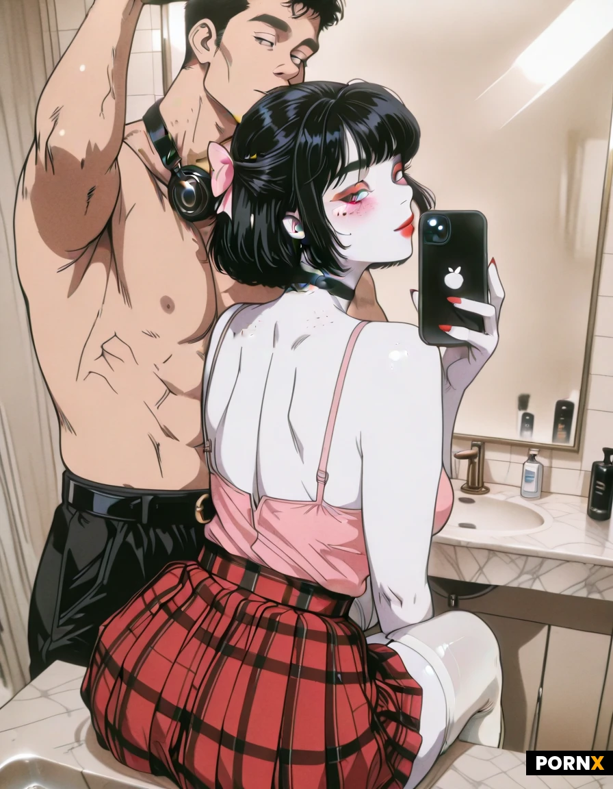 woman posing intimately with a massive huge tall muscular man, couple taking a selfie in a bathroom mirror, ((the woman is sitting on a marble bathroom counter looking back at the camera)), the man's hands are holding the woman's hips, mirror selfie, a couple in a bathroom, a massive huge tall muscular man standing above a woman, giant man's head is out of frame, size difference, snapchat-style text along the upper-third of the frame that says "Fuck babe he is so big...", the man is much taller than the woman, sitting on a bathroom vanity counter, intimate pose, his hands are on her hips, intimate scene, woman with White skin, shortchubby, Pale skin, black hair, bobcut, Bangs, pink bow in her hair, hairbow, choker, black choker around neck, she is wearing a red plaid pleated skirt, white stockings, garterbelt straps, Makeup, Long eyelashes, Thick eyebrows, nose freckles, eye liner, natural hair, red lipstick, man holding smartphone to take the picture, back view of the woman, snapchat selfie, full width caption over a dark bar reads "Fuck babe he is so big...", iphone 17 selfie, soft indoor lighting, UHD, amateur selfie, mouth slightly open in an expression of arousal
