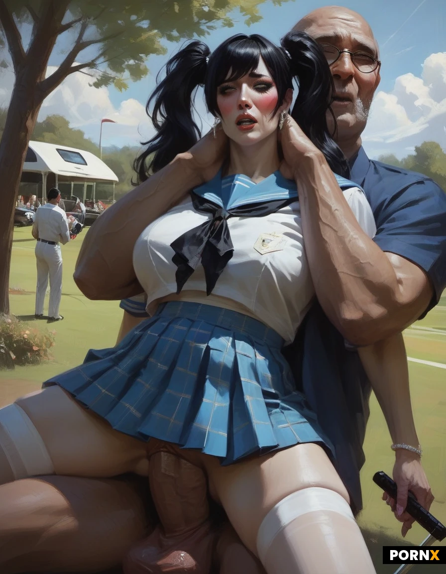public sex, golf course, 21years old, japanese woman, both fully clothed, (fully clothed: 1.3), hiding, female wearing sailor uniform, female navy blue plaid skirt, old male wearing luxury suits, old fat male, hyper massive cock, fat cock, female white skin, light skinned woman, albino skin, round pretty face, japanese idol, extremely blush, pink mascara, long eyelashes, extremely beautiful face, black hair, two side up, bangs, black ribbons, (ultra pale skin:1.3), behind golf car, in a golf course sex, (fucked from behind: 1.3), full nelson sex