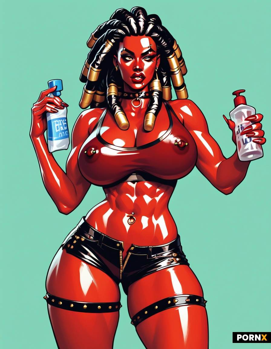 Ebony dreadlocks glossy red lipstick huge tits pierced nipples very small latex sports bra very shor