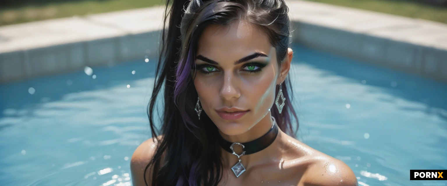 masterpiece, best quality, highres, absurdres, 1 very seductive supermodel woman, slender pointed nose, wide jaw, solo, looking_at_viewer_very_intimately, from_above, close-up face, sexy body in the background, long hair, black hair, purple highlights, sidecut, ponytail, brilliant luminous green eyes, heavy black eyeshadow, heavy black mascara, heavy black eyeliner, dark tan skin, sly half smirk, bedroom eyes, seductive and horny, choker, topless, toned body, deep cleavage, round perky breasts, spherical breasts, medium-large breasts, wet, water droplets on her skin, touching her nipples, erect nipples, high contrast, vibrant colors