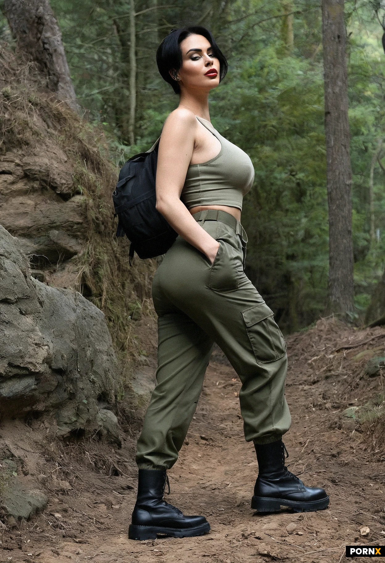 Woman, medium height, short cropped black hair, beautiful feature, high cheekbones, natural tits, red lipstick, wearing a military style outfit comprising of a tight grey tank top and black cargo pants. Black hiking boots