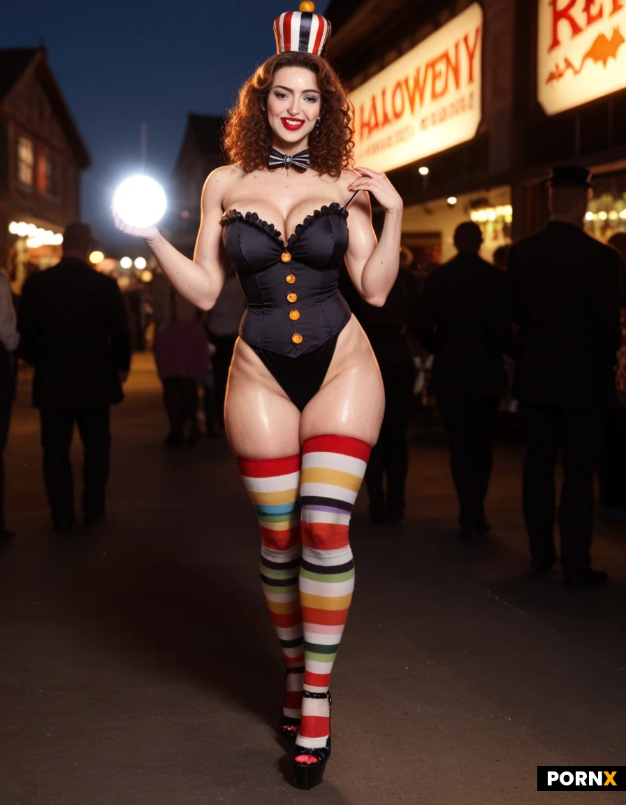 A cinematic, photorealistic Halloween night at an old, eerie carnival.
Wide shot, camera pulled back to show plenty of the surrounding fairground and create strong depth. An adult glamorous pin-up woman dressed as a spooky vintage circus clown stands beside an old-fashioned popcorn cart. She wears a sexy but theatrical red-and-cream clown costume with ruffles, striped thigh-high stockings, high heels, a tiny clown hat and creepy yet attractive clown makeup. Curly red hair, playful but slightly sinister expression, looking toward the camera.
The vintage popcorn cart is weathered and illuminated from within with a subtle warm light. A few Halloween decorations surround it, but keep the composition controlled and not overly cluttered.
In the background: a dark abandoned-looking Halloween carnival with an old Ferris wheel, a creepy clown-mouth funhouse entrance, a few distant shadowy figures and light ground fog. The carnival should feel unsettling and slightly run-down rather than colorful and cheerful.
Lighting is dark and cinematic with large areas of deep shadow. Only a few selective warm carnival lights and subtle moonlight illuminate the scene. Avoid excessive illumination, glowing objects everywhere, HDR look, oversaturation and excessive micro-contrast.
Moody blue-black night tones contrasted with restrained warm orange light. Wet ground with subtle reflections. Atmospheric depth, realistic shadows, cinematic lens rendering, natural skin texture, realistic anatomy, subtle film grain.
The woman and popcorn cart are the clear focal point. Keep plenty of negative space and make the background simpler and darker. Do not fill every area with Halloween