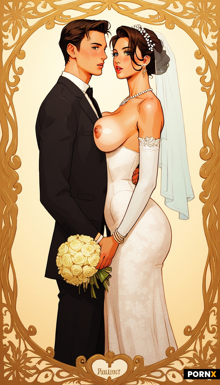 The image portrays a whimsical and extravagant wedding scene