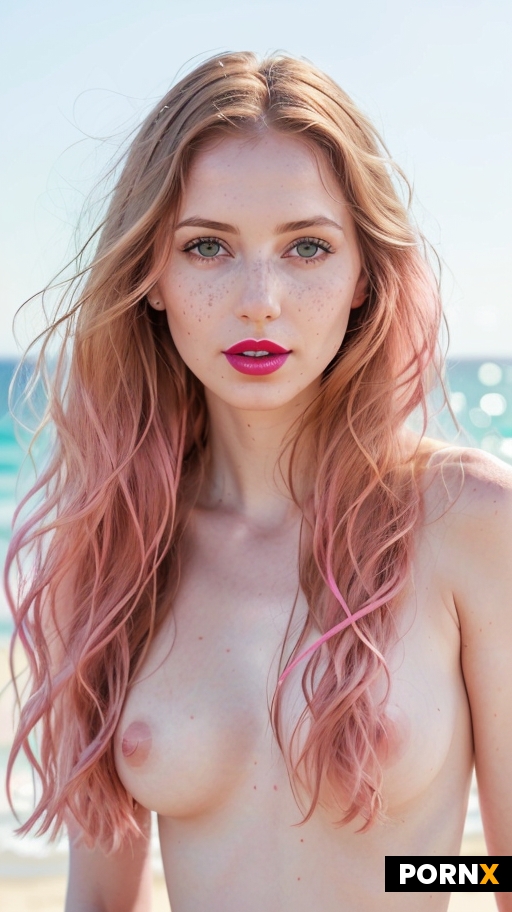 Photorealistic of an adult nude  flashing boobs brunette-headed woman at a sunlit beach