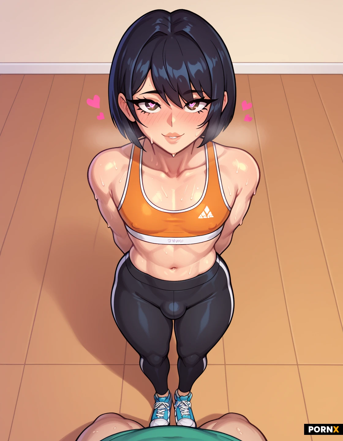 beautiful slender asian woman, black bob with bangs, slim body, small breasts, sports bra and tight leggings, gym outfit, sweaty skin, sneakers, 1man, 1femboy, Heart eyes, tiny_femboy, pov man huge boner, pov Overhead view, tall Man, man massive boner, pov big boner in my pants, femboy tenting, black pants, orange bra, standing, yoga mat on floor, hands behind femboy back, POV overhead view