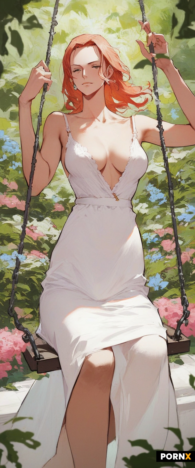 One piece anime style woman sitting on swing in a garden