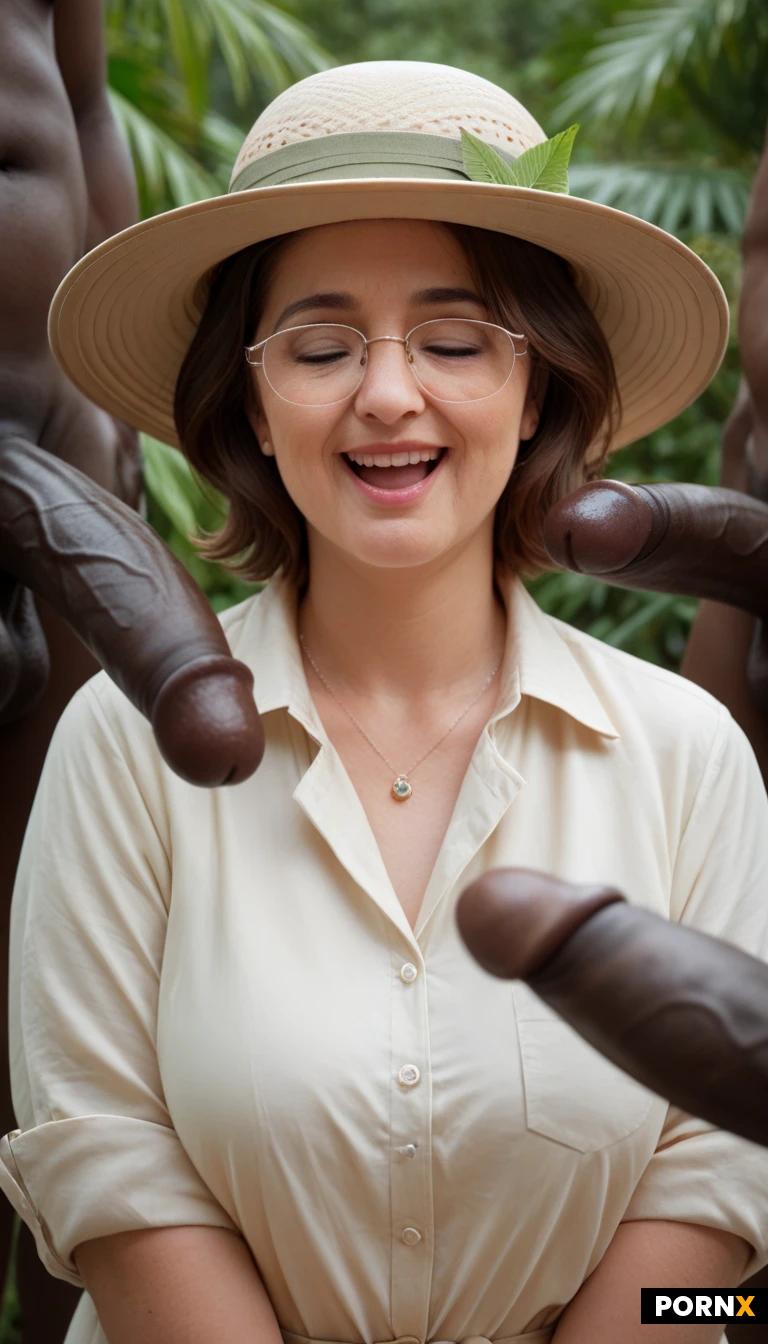 1girl, close face view,waist-up view,chubby_mom,beautiful face,big glasses,brunette,wavy short hair,tan_collared_safari_shirt,sleeves rolled,pale skin,safari hat,chubby_arms, closed_eyes, open_mouth,shy, laughing, surprised, night, jungle, muscular_male, nude_male, african_male, multiple_males,gangbang, interracial, warm_lighting,gigantic cocks,massive African cocks,long cocks,thick cocks,