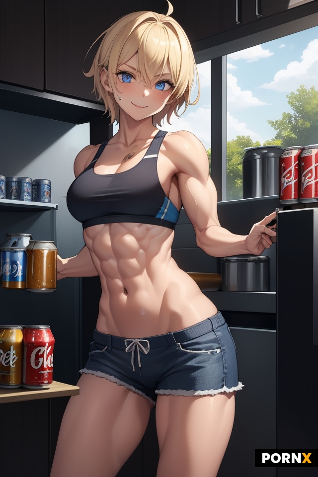 Sweaty Tomboy getting a beer out of the fridge