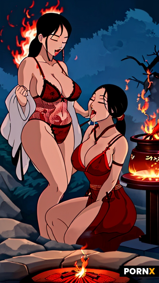 Japanese woman in shibari dangling over a raging firepit with tall engulfing flames while a Chinese 