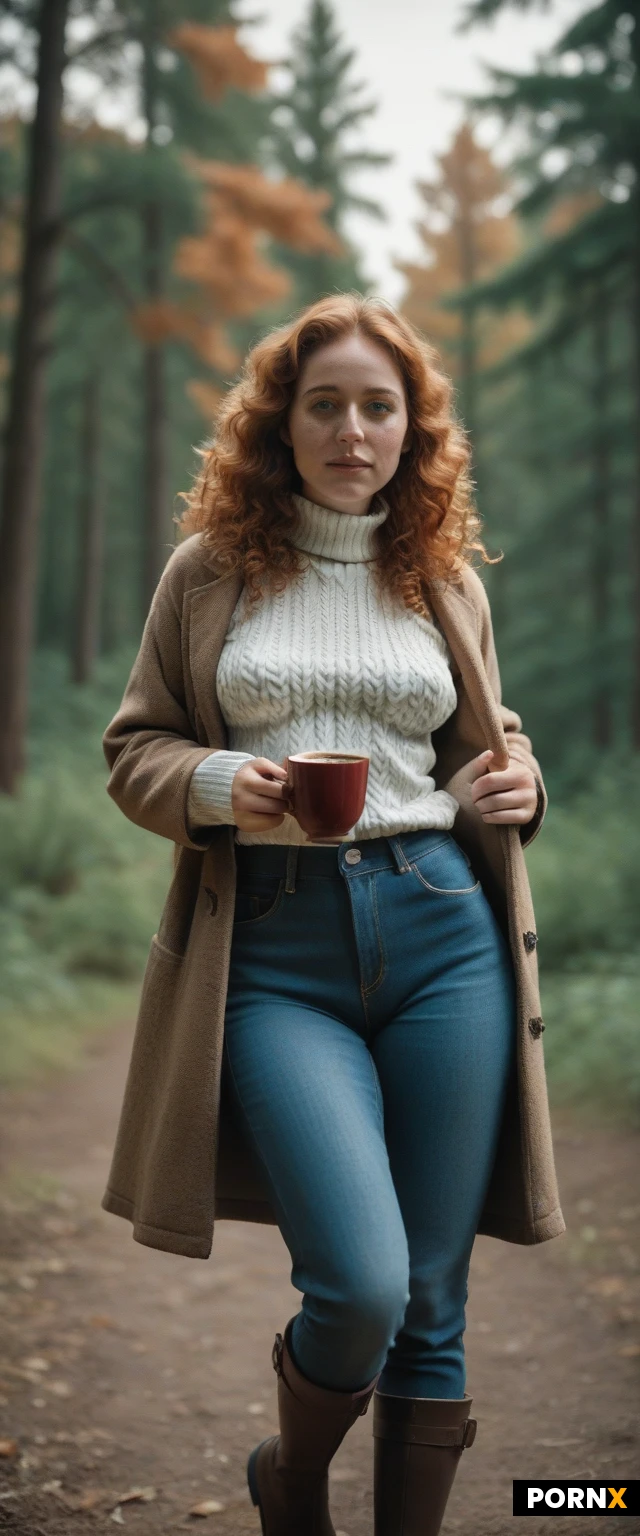 Photorealism. Cinematic lighting. Dynamic closeup portrait POV.
Dark night. Black sky. Stars. Cabin in the woods. Autumn trees.
Gorgeous Ginger Scottish Woman. Long curly ginger hair. Pretty cute highly detailed horny face. Freckles. Bright green eyes. Sharp nose. Narrow jaw. Skinny athletic fit. Medium perky breasts. White cozy sweater. Blue jeans. Brown boots with the fur. Brown coat. Hot chocolate.