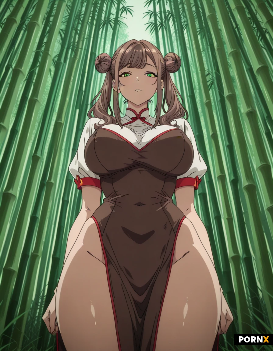Wan has long, wavy brown hair styled in double buns, large breasts, a big bottom, and green eyes. vigorously cowgirls a long, slender bamboo shoot in the bamboo forest.