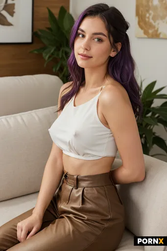 A photorealistic medium close-up of an adult woman sitting on a brown leather sofa in a sunlit livin