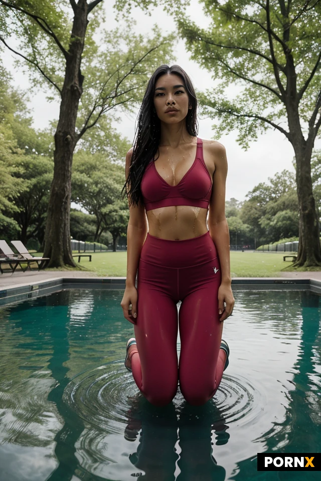 A horny cute East Asian woman with long, wet dark hair flowing slightly in the wind, wearing a form-fitting, translucent deep red athletic two-piece set consisting of a sports bra and leggings. She has a toned athletic physique, is kneeling in a shallow pool of water, and has a serene, direct expression looking towards the camera.
A lush, green park setting with a symmetric row of tall trees lining a rectangular reflecting pool. It is heavily raining, with visible rain streaks falling throughout the scene, creating ripples on the water surface and making everything appear wet and vibrant.
High-fidelity digital photography, realistic cinematic aesthetic, sharp focus on the subject with a cool-toned, naturalistic color palette dominated by rich greens and the deep red of the attire.
Soft, diffused overcast daylight that eliminates harsh shadows and emphasizes the texture of the falling rain and the wet surfaces of the skin and clothing.
A centered, eye-level full-body shot. The symmetry of the trees and the pool draws the viewer's eye directly to the subject in the middle. The composition features a shallow depth of field, keeping the background slightly blurred to isolate the subject from the park environment.