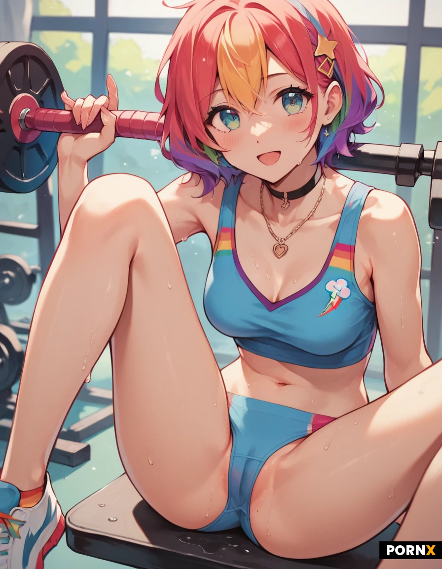 anime, perfect body:1.5, woman, soft cute face:1.5, cute:1.5, super slim, tight detailed skin:2.0, natural curves, long sexy legs, lean svelte luscious figure, short pretty hair, cute casual athletic-wear, petit, cute idol, adorable:1.5, perky, thigh gap, anime,energetic and carefree and messy and wild, exercising, amazing athlete, cute sexual couple, super horny and sexual, intimate couple scene, wet groin, sexual arousal, sexual,