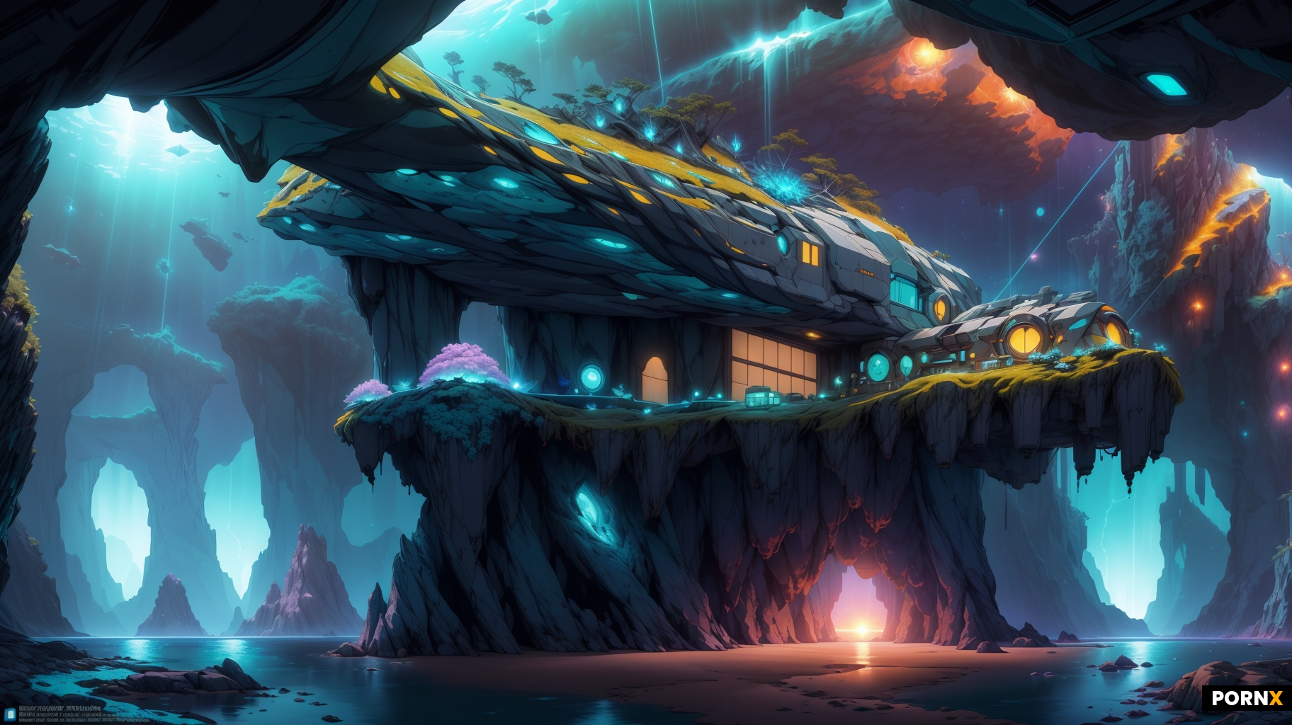 An intricate futuristic space station interior with large bay windows in a rocky coastal cavern