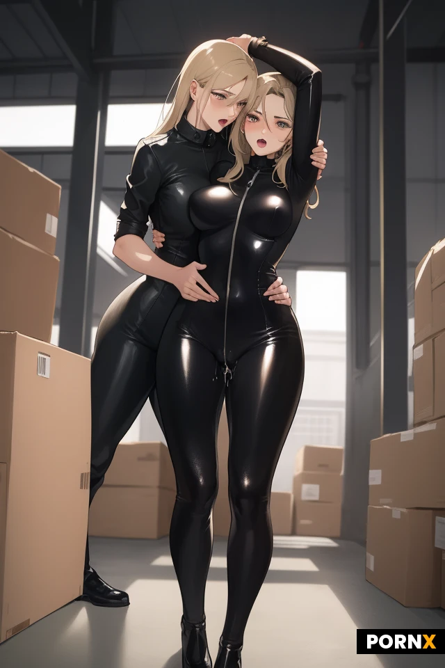 Lara Toned female, rider (slim),carry me sex,legs held apart ,orgasm expression ripped black catsuit,Tony,photorealistic,warehouse setting,