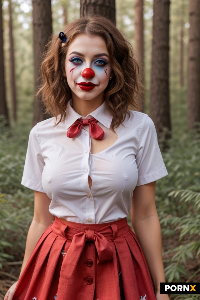 colorful Messy hair.clown.makeup.red nose of clowns.busty.Colorful button-down shirt with the neckline open .skirt.long tie.forest