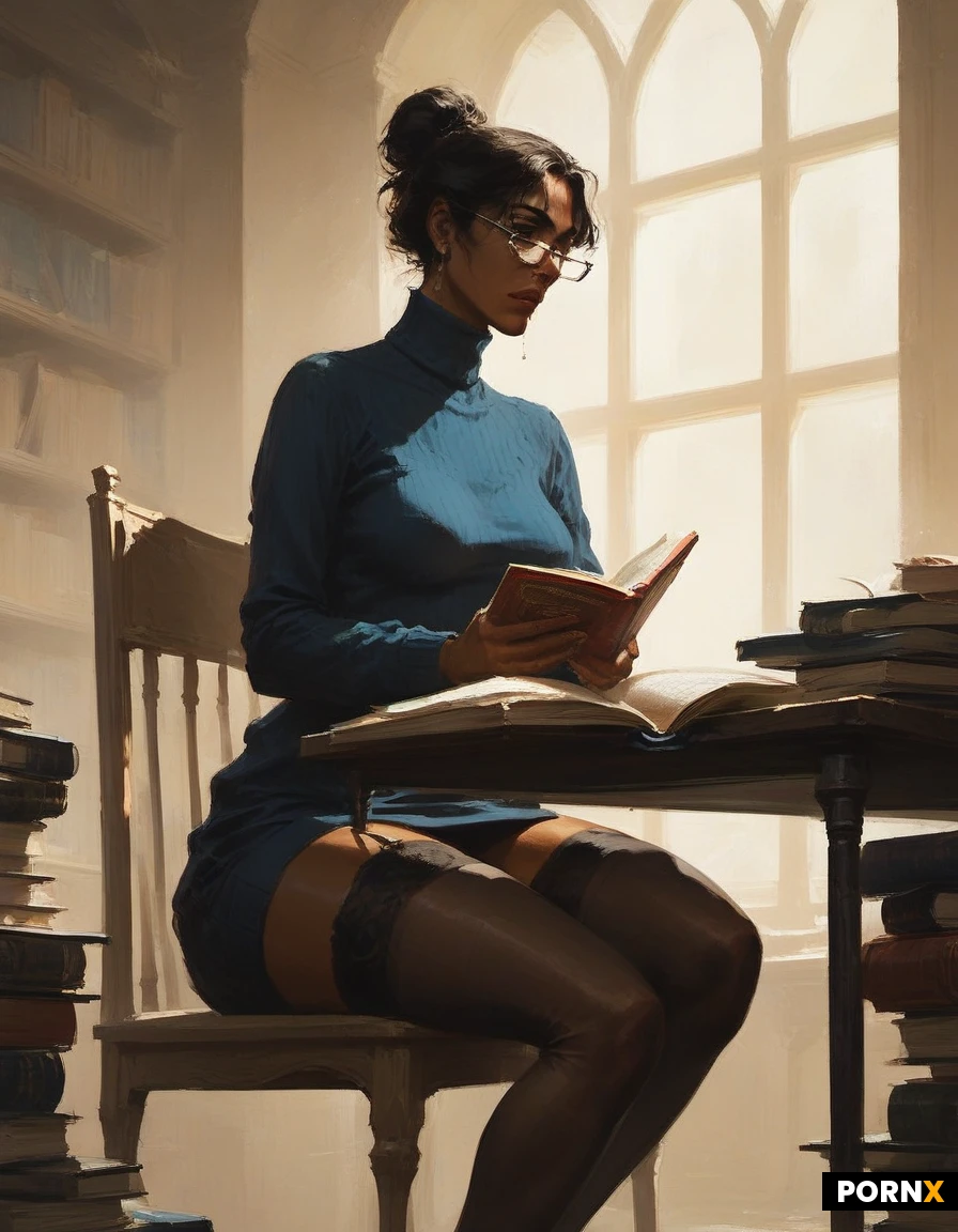 (Woman,One,((25 Years old)),((spanish:1.25)),medium natural breasts,Skinny thighs,Bangs,Hair bun,Short hair,Stockings,Skirt,Glasses,Sweater,Dark light skin) in the library, (sitting in a chair, reading a book at a table)((very dim lighting:1.25)), ((she spreads her legs under the table revealing her pussy))((fingering pussy:1))((her pussy is soaking wet:1.5)), ((orgasm face:1.2))