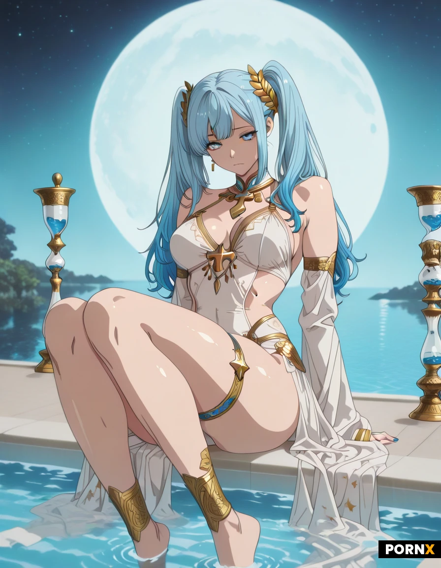 A stunningly beautiful 20-year-old priestess with a porcelain complexion and a slender, toned hourglass figure. She has long, flowing vivid ocean blue hair styled in mid-thigh twin tails that curl inward, adorned with subtle star patterns and a decorative golden laurel ornament. Her eyes are a sharp, intense blue. She is wearing an ornate, high-fantasy ceremonial outfit in white, blue, and gold, featuring sheer layered fabrics and structured noble elements. Carefully designed ribbons extend down from her knees to barely cover her beautiful bare feet, one of which she’s raising out of the water. Behind her is the moon, a natural pool of water